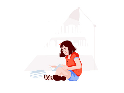 Reading app books character girl graphic illustration library mobile pastel vector web