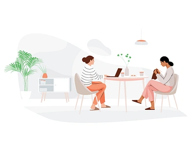 Tea & cake cake character graphic illustration knitting laptop livingroom mobile pastel people plant tea vector web woman women