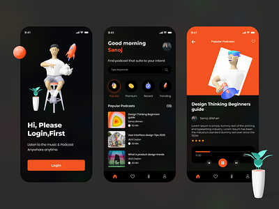 Podcasts App - Exploration Dark theme 3d app app design app design icon ui web ios guide app designer app designers art dark theme interface design latest trending minimal podcasr app design podcast trend ui ui design uidesign uiux user interface ux