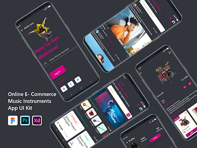 Music Instruments App UI Kit dancing e commerce app e commerce shop feed login page music
