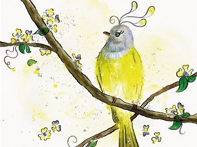 Digital watercolor painting | Grey headed canary flycatcher