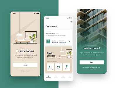 Hotel App Service App app booking clean concierge elegant hotel hotel app interior loft maise minimal onboarding room service travel ui