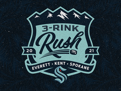 Seattle Kraken — Three Rink Rush Logo hockey logo mountains puck ribbons seattle seattle kraken shield sports