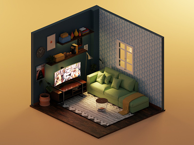 Living room 3d 3d modeling 3d render blender blender3d home illustration isometric livingroom lowpoly render