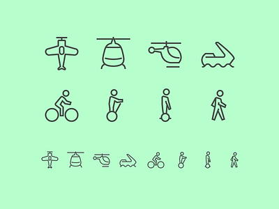Transport icons 3 airplane aquatic bicycle bike helicopter old overboard segway walking war