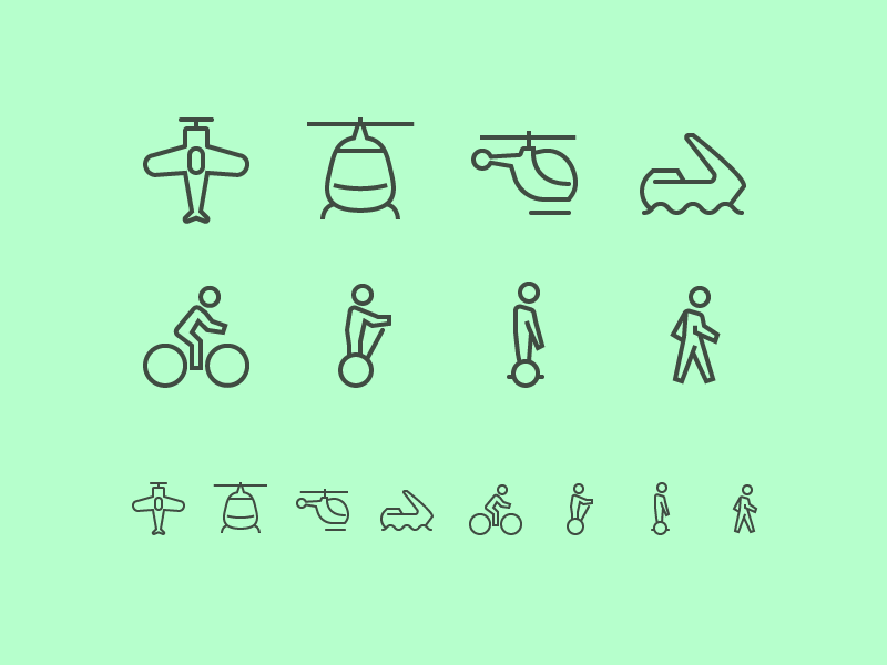 Transport icons 3 bicycle segway overboard walking bike aquatic helicopter war old airplane