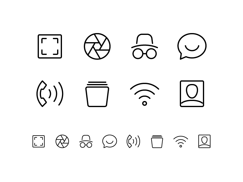 Random icons 8 icon outline user wifi ring telephone chat message incognito shutter camera target