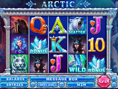 Arctic bear bonus buttons character character design christal gambling game development hot girls illustration inspiration kingdom queen reels slot design tiger ui ui design winter