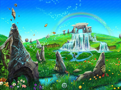 Fairies 2d art art for game background design digital art digital illustration fairy flower gambling design gross illustration landscape rainbow raster slot stones tale waterfall wonderland