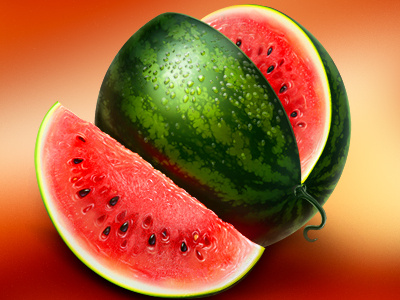 Icon watermelon berry black drops green icon illustration red watermelon white