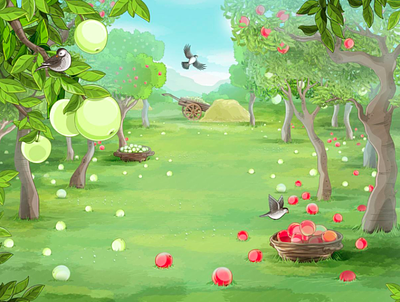 "Fruit Fever" slot machine NEW! 2d apple background birds country digital art digital arts fruits gambling game art game artist game design gameart garden graphic designer grass illustration slot slot design spring