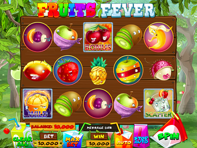 Fruit Fever slot machine 2d 2d art 2d character apple art banana cherry coctail crew digital illustration fruits gambling game design game ui kiwi pineapple raster reel slot machine ui