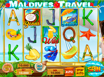 Maldives Travel slot machine bamboo beach bonus cocktail coconut game art game design game reel hat illustration melon scatter slot design slot machine snail stars ui ui design ux