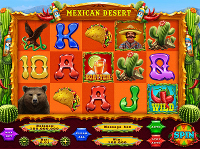 Mexican Desert bear cactus chili pepper digital art game art game artist game design game reel game ui mexica mexican food slot slot machine slot machine art taco tequila ui ui ux