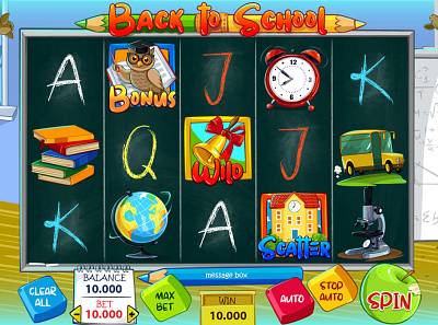 Back to School reels apple bell books bus button design chock design game art game artist globe illustration microscope owl school science slot slot machine ui ui panel ux