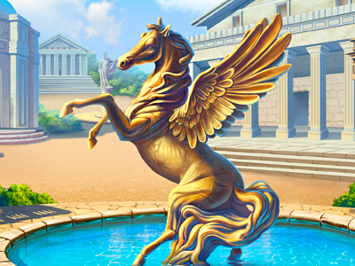 Fortune Greece Square ancient ancient greece architecture art for game casino clouds design fountain game golden horse grass greece illustrations mountains mythology olives pegasus slot design slotopaint.com statue