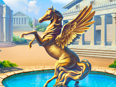 Fortune Greece Square ancient ancient greece architecture art for game casino clouds design fountain game golden horse grass greece illustrations mountains mythology olives pegasus slot design slotopaint.com statue