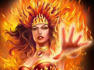 Super Phoenix Queen casino character crown darkness feathers fire flame game gold hand hot girl illustraion jewelry mystery phoenix red lips ruby slot design slotopaint.com woman