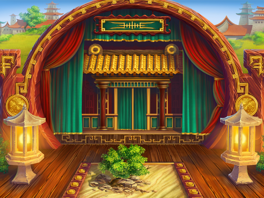 Peking Opera background for "Face Off" slot machine background bonsai casino chinese calligraphy chinese culture city curtains gamedevelopment gold illustration lanterns red roofs sand scene slot art slot design slot game slotopaint.com wooden
