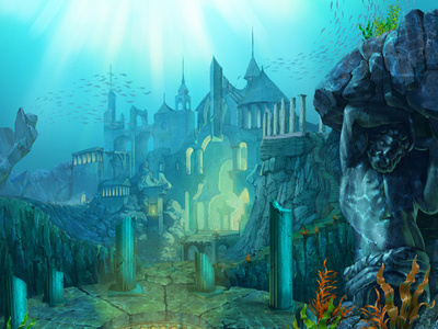 "Atlantis" background for themed slot game algae atlantis background design blue casino columns design fishes game art greek illustration myth ocean rocks slot slot design slotopaint.com stones underground underwear