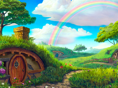 Irish-themed background for slot casino clouds clover design door flowers fortune game art game development grass green houses illustration irish leprechaun rainbow slot design slot machine slotopaint.com tale