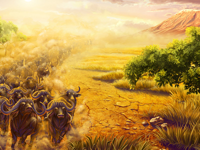 African buffaloes africa african animals animals background design buffalo design earth flock game game art grass illustration illustration art savannah slot design slot machine slotopaint.com trees volcano wildlife