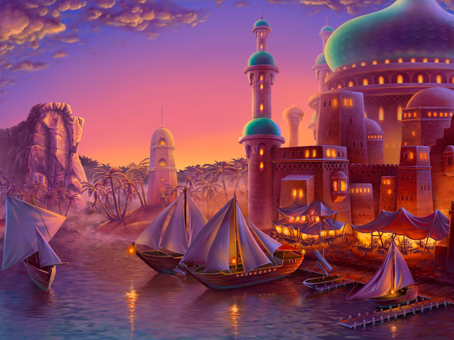 Aladdin aladdin artist city illustration design digital painting east fairytale game art game development illustraion illustration marina market nightlife palace palms ships sketch slot design slotopaint.com