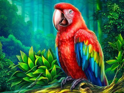 Macao 2d art bird bushes carrot communication design art digital illustration feathers game art green illustration inspiration king kong paradise red slot design slotopaint.com symbol trees tropics