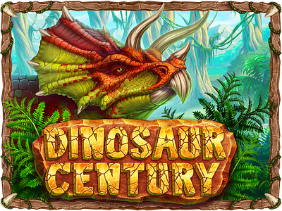 Game logo for “Dinosaur Century” blue casino digital art digital designer dino dinosaur dribbble fern fonts game art game logo illustration jungle jurassic park jurassic world plants reptile slotopaint.com trees wild