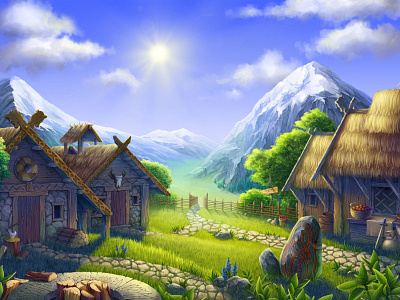 The 2nd Background for slot machine "Vikings " alps background digital art game art game design grass houses illustration morning mountain scandinavian design slope slot slot machine slotopaint.com stones sun sunrise village wooden