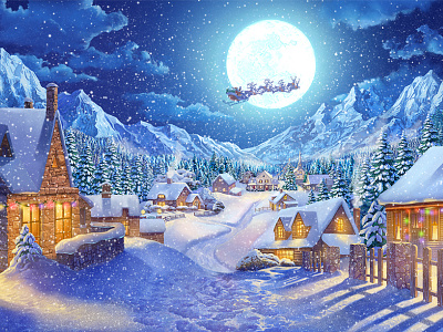 Christmas reindeers 2d art artist digital illustration forest game art holidays illustration inspiration lights moon mountain reindeer santa clause sketch sky slotopaint snow village winter