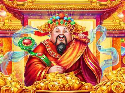 Caishen art of the day background china chinese new year digital art digital illustration dragon god gold golden coins happy holidays holiday illustration inspiration red roof slot slot machine smile face