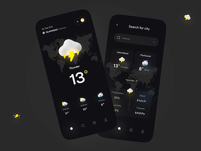 Weather app app concept dark flat icon icons illustration minimal mobile piqo rainy sunny time ui uidesign vector weather weather app weather forecast weathered