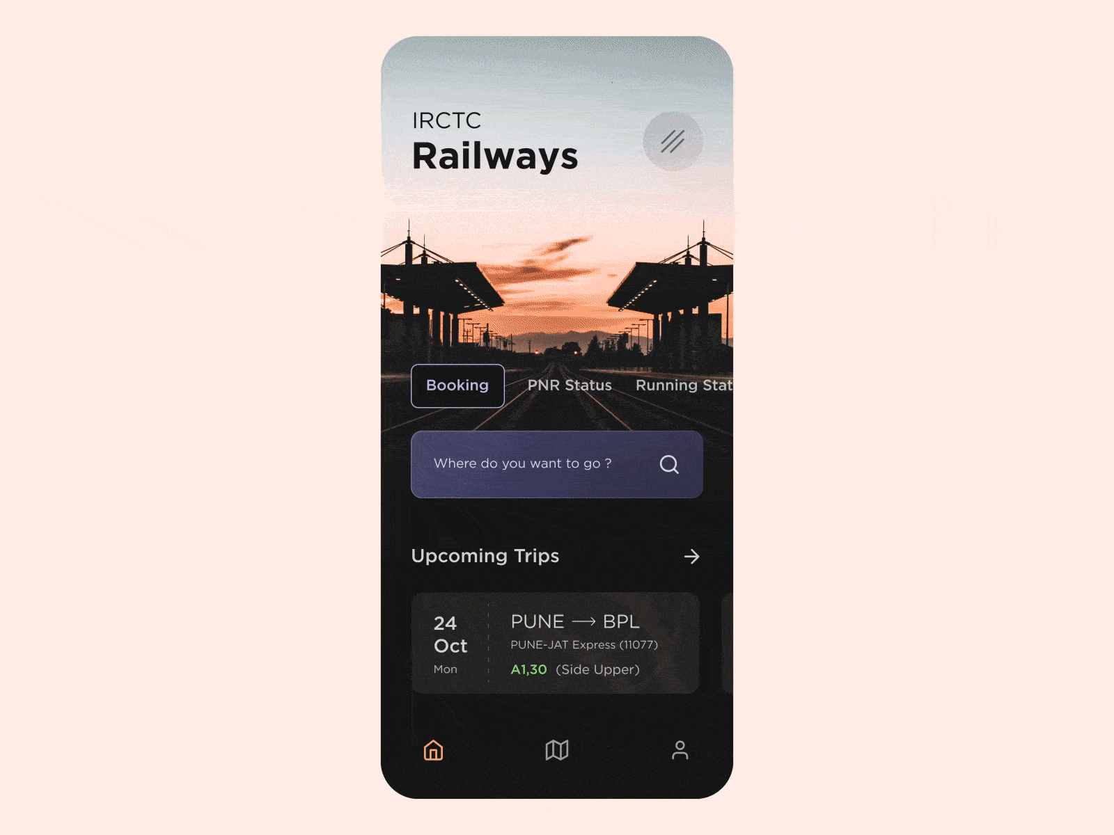 IRCTC Home Concept Design app dark mode design glassmorphism indian railways irctc ui