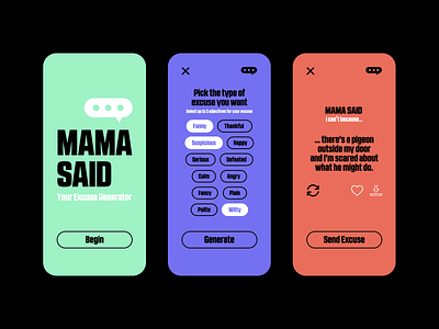 MAMA SAID, your excuse generator | CONCEPT APP app design bold font concept app generator ui ux