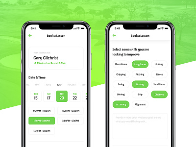 Book A Golf Lesson app booking date golf lesson mobile select time ui ux