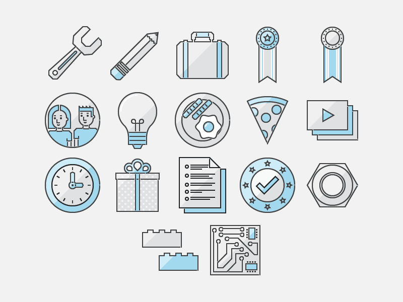 Hack Day Icons pcb lego gift clock powerpoint pizza breakfast lightbulb medal briefcase pencil wrench