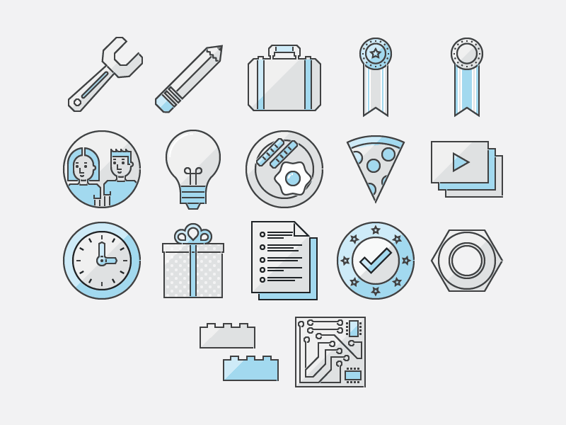 Hack Day Icons breakfast briefcase clock gift lego lightbulb medal pcb pencil pizza powerpoint wrench