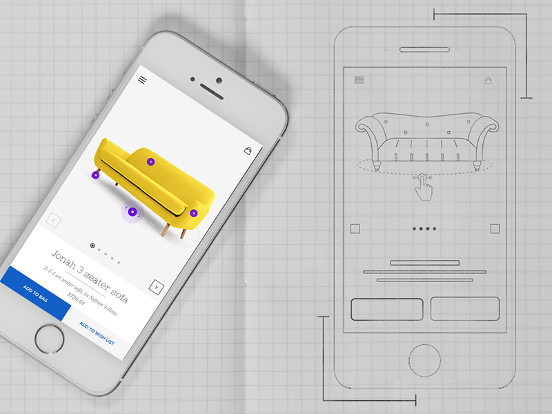 Furniture App Product Page Sketch ui ux mockup wireframe sketch product page design portfolio interactive furniture store ecommerce 360 view