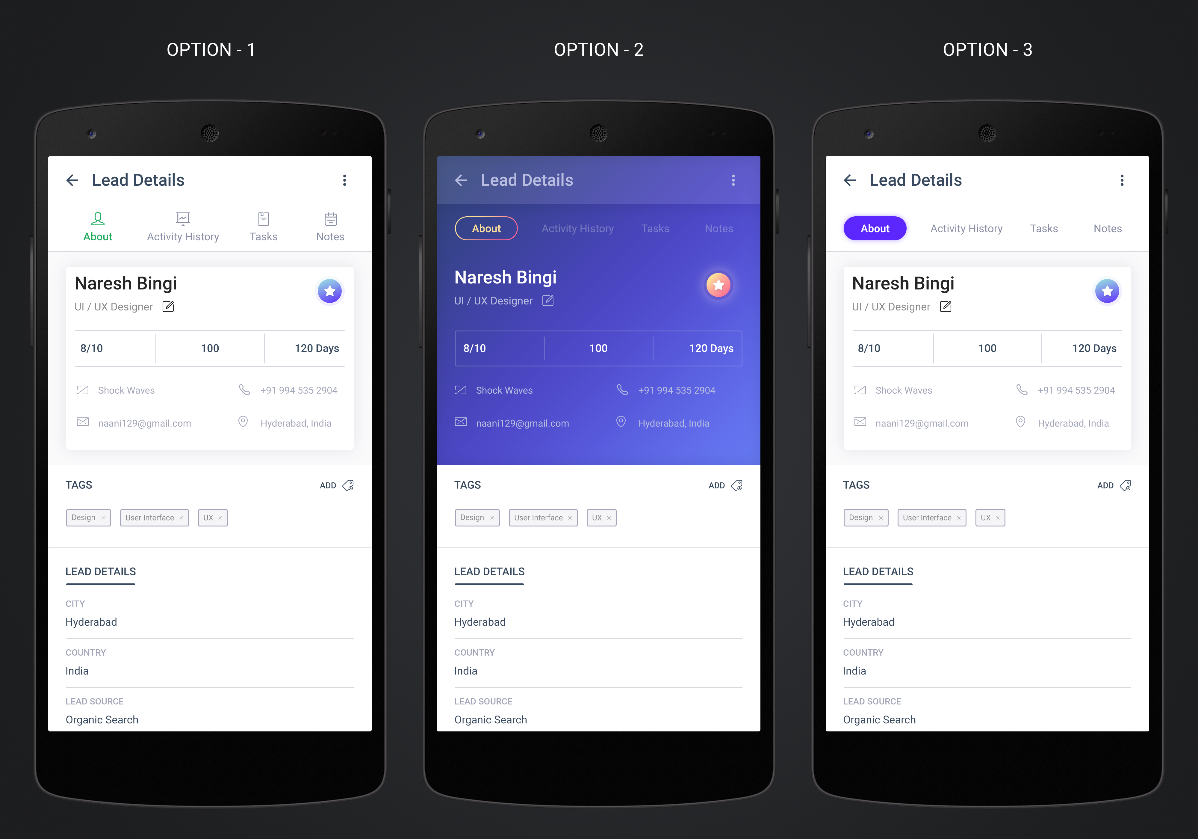 Dribbble - Lead-details-ui-design-3-options.png By Naresh Bingi