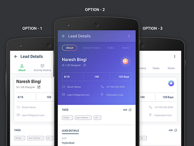 Lead Details UI Design Options android app details gradients icons line icons navigation ui design user interface