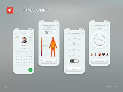 VIP FITNESS CLINIC app design body mass booking clinic datepicker fitness prototype soft ui ux vip