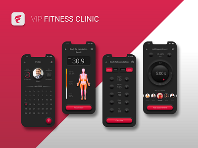 FITNESS CLINIC - Dark mode app design body mass booking clinic coreldraw dark mode datepicker design fitness icon prototype soft ui ui ux ux vip