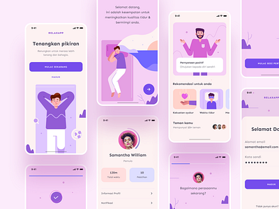 Relax Mobile App app calm card cards clean color illustration lifestyle mdeitate meditate meditation mindful purple relax relaxation relaxing stress ui ux