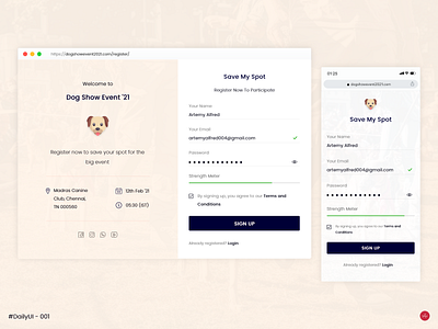 Register Page - DailyUI #001 - Design Challenge daily 100 challenge dailyui dailyuichallenge dog show pet register form signup ui ui design uidaily