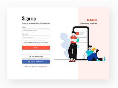 Sign up Page for Render - A job search platform design desktop desktop ui figma high fidelity ia mockup signup ui ux