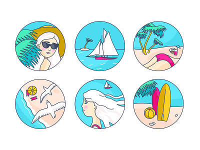 Summer, sea, holiday beach cartoon girl graphic design holiday illustration island ocean palm sand sea seagull seashore ship surfing vacation vector