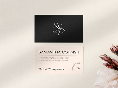 Feminine business card design for a portrait photographer brand identity branding business card business card design business cards embossing feminine logo logo design logotype monogram photographer serif typeface silver foil typography typography design typography logo