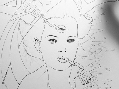 Monday Night drawing illustration micron pen and ink portrait smoke smoking wip woman