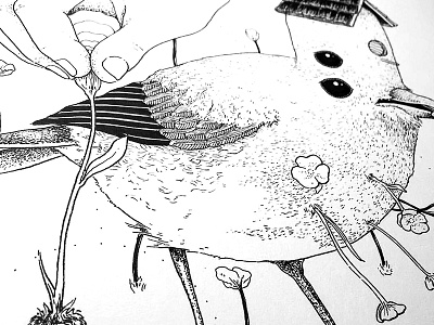 Birdhouse bird drawing flowers hand house illustration ink stipple